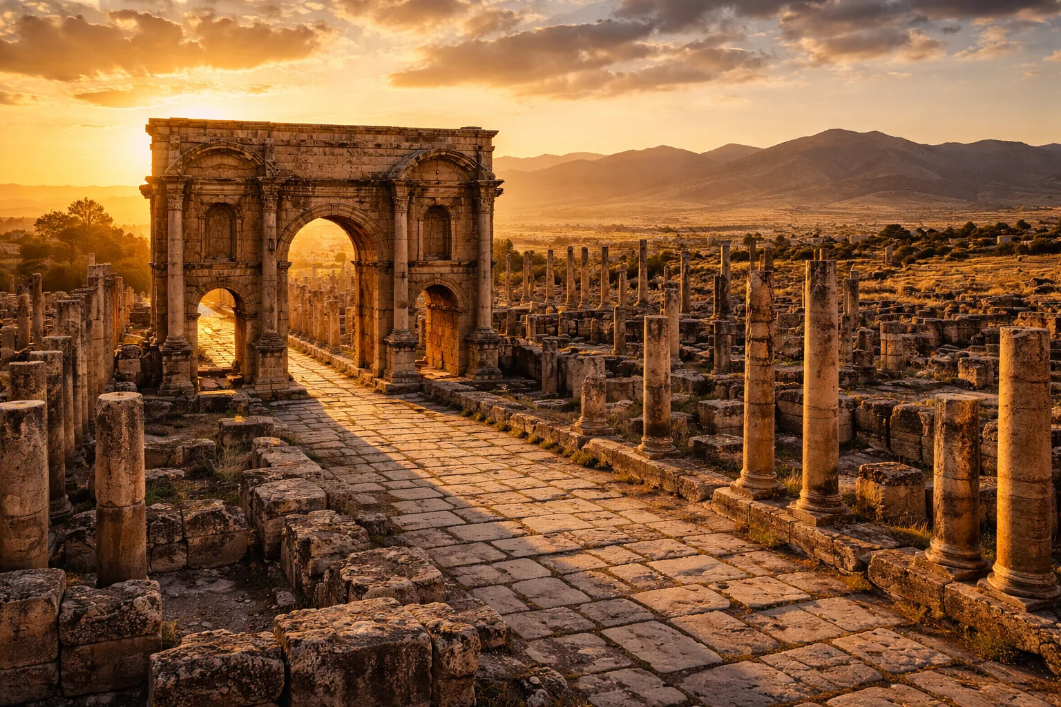 Timgad Roman ruins Algeria at sunset