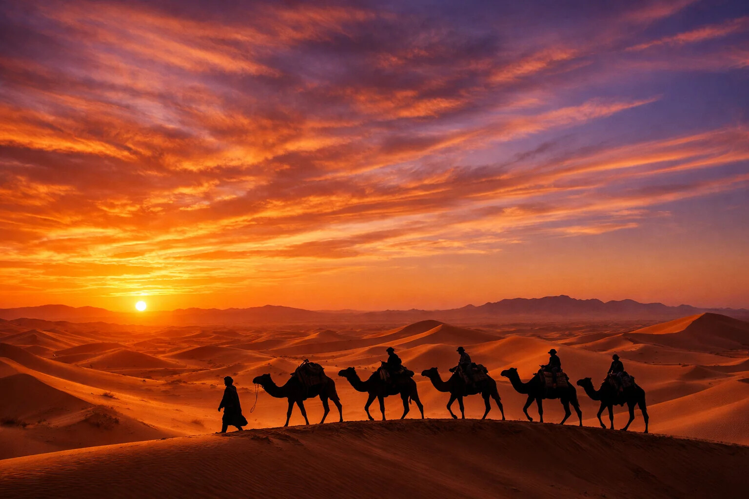 Sahara Desert camel caravan sunset Algeria