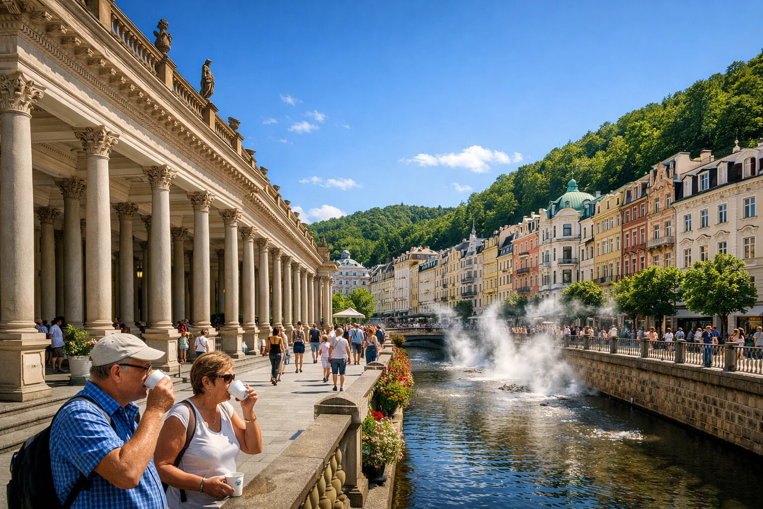 Karlovy Vary Mill Colonnade with thermal springs and colorful buildings