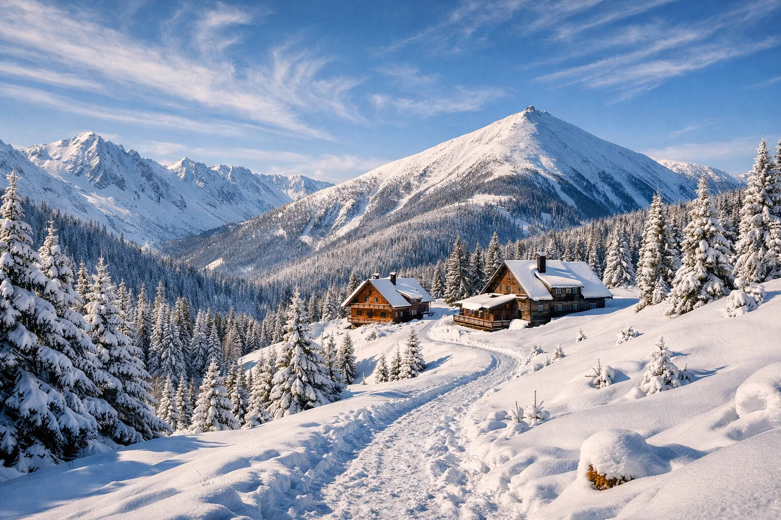 Krkonose Giant Mountains winter landscape with mountain chalets