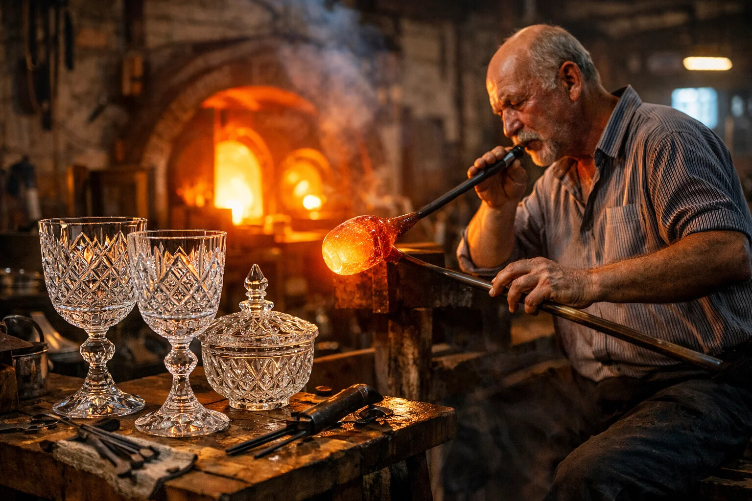 Master glassmaker creating Czech crystal