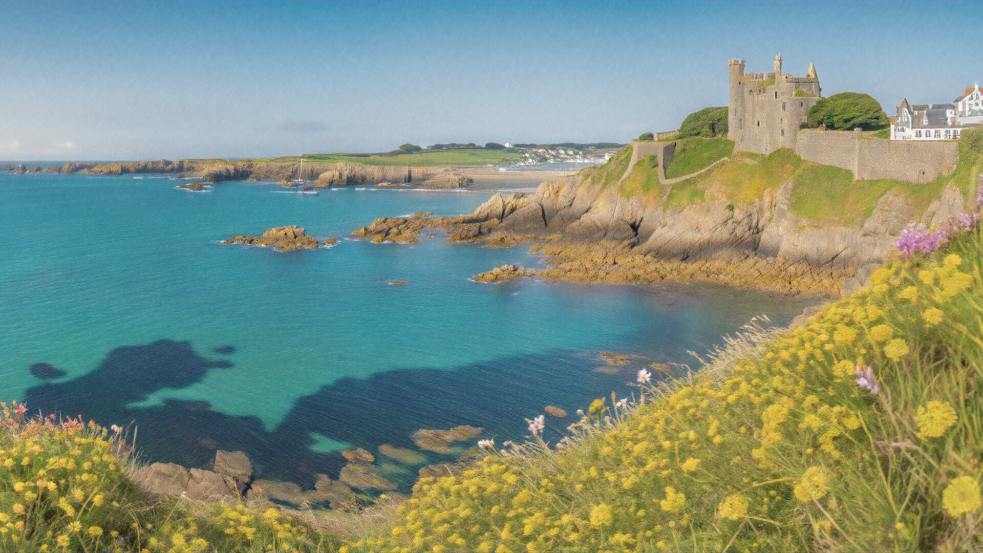 A turquoise bay under granite cliffs, wildflowers in the foreground and a fortified house on the headland above