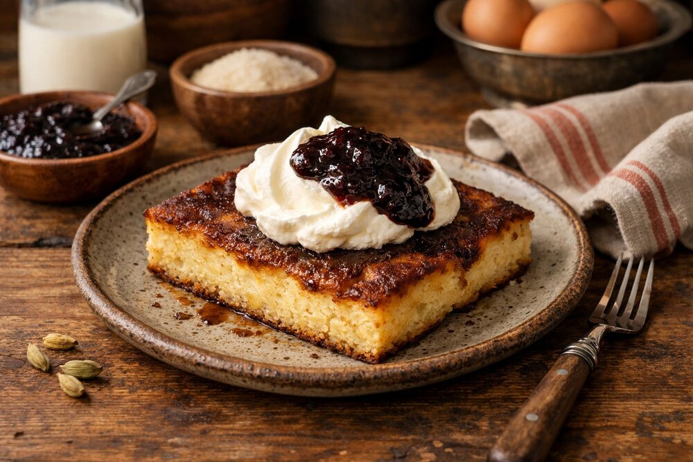 Ålandspannkaka - Traditional Åland Islands oven-baked pancake with prune compote and whipped cream