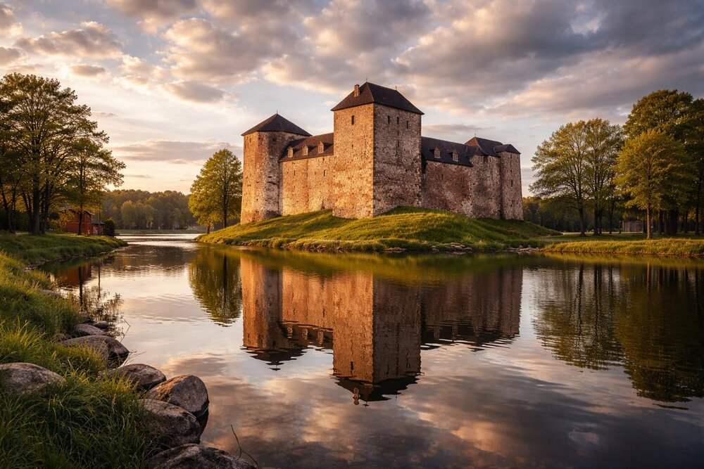 Kastelholm Castle reflected in water