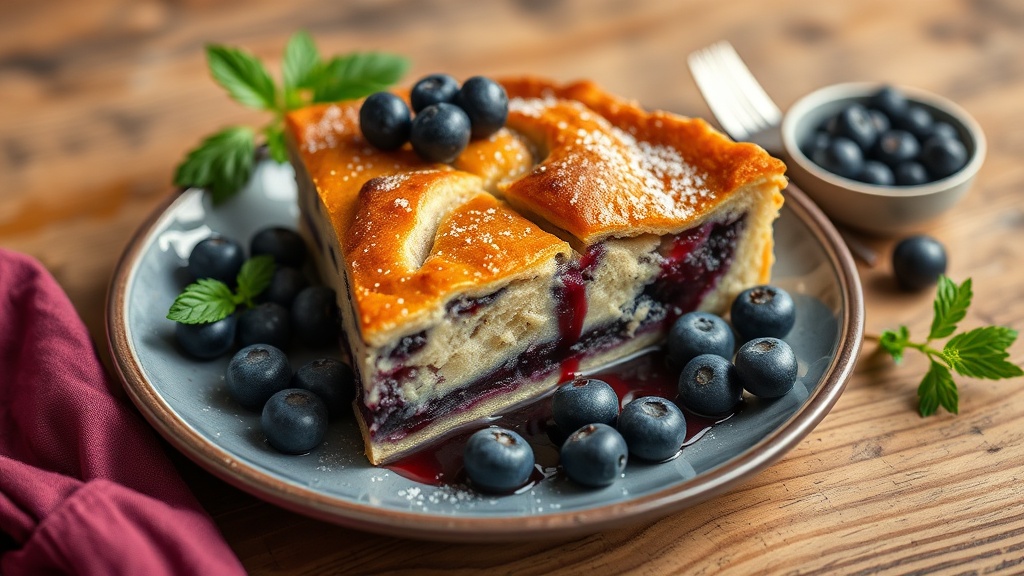 A slice of golden-crusted blueberry pie on a plate with fresh blueberries around it