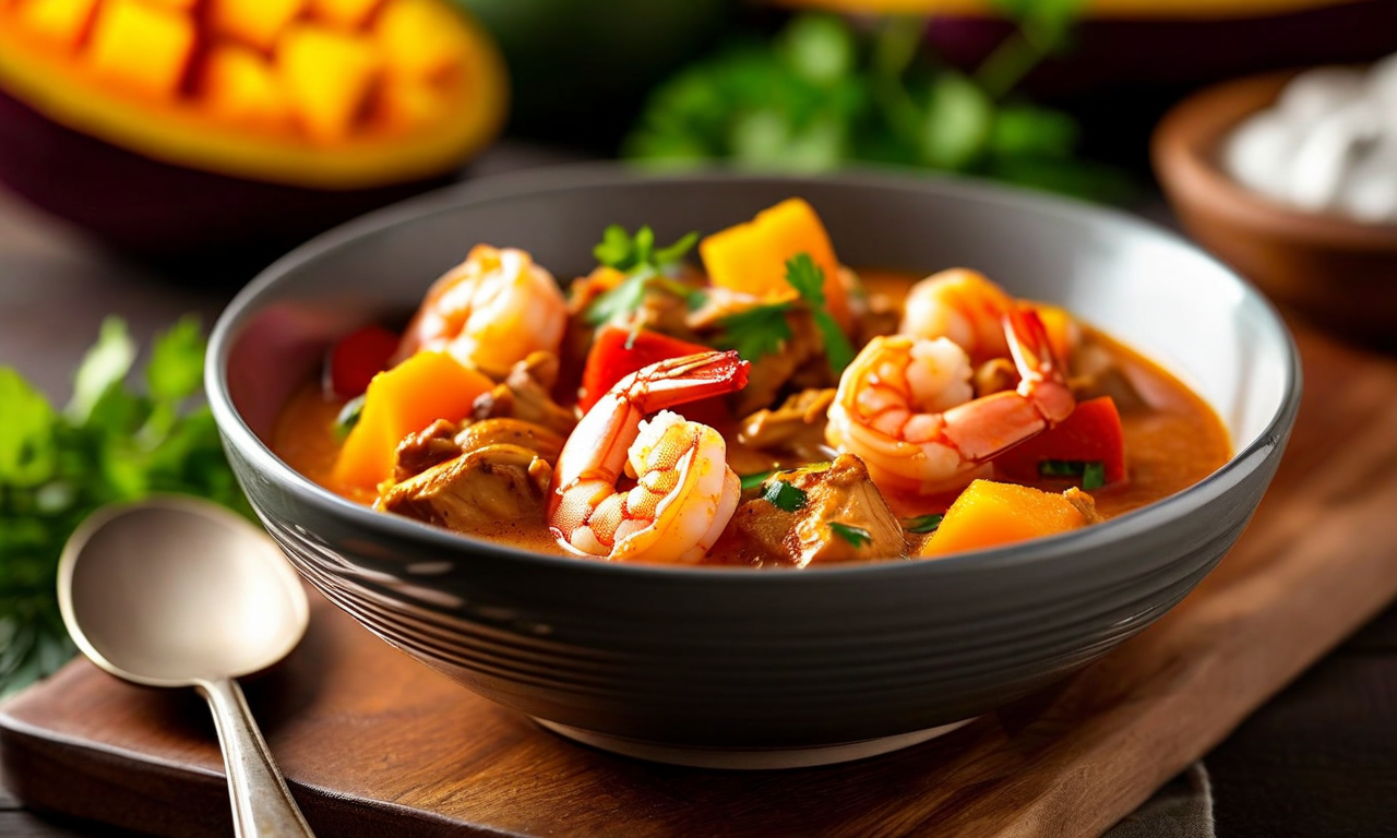 A bowl of thick orange stew with prawns, meat and vegetables