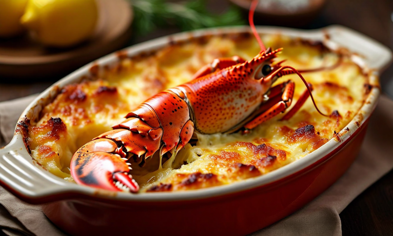 A lobster in a golden baked cheese and cream gratin in an oval dish