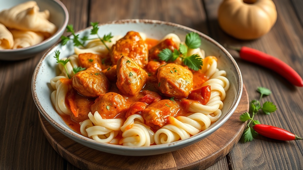 Miska kuřecích kousků v oranžové omáčce na světlých těstovinách, kolem chilli papričky a bylinky