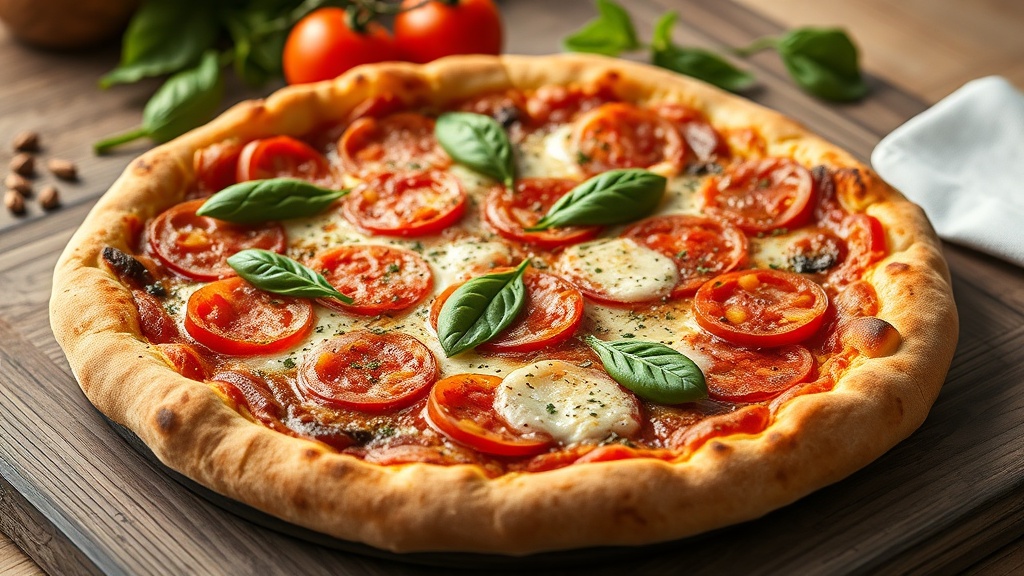 Tlustá, bledá, těstovitá kulatá pizza s plátky čerstvého rajčete, roztaveným bílým sýrem, sušenými bylinkami a celými lístky bazalky