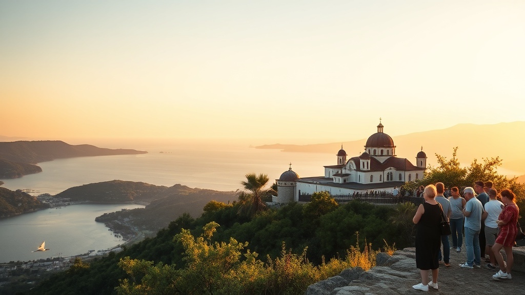 New Athos Monastery overlooking lake with Caucasus mountains