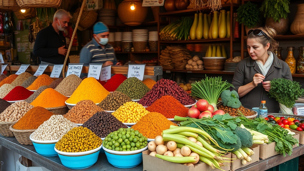 Traditional Abkhazian market with spices and fresh produce