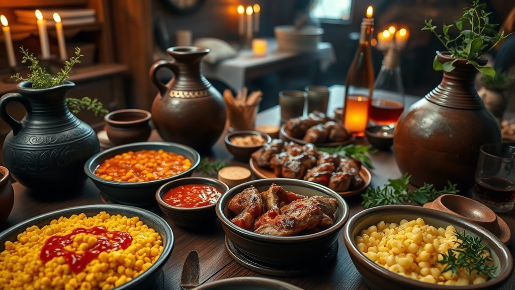 Traditional Abkhazian feast with abysta, adjika, and wine