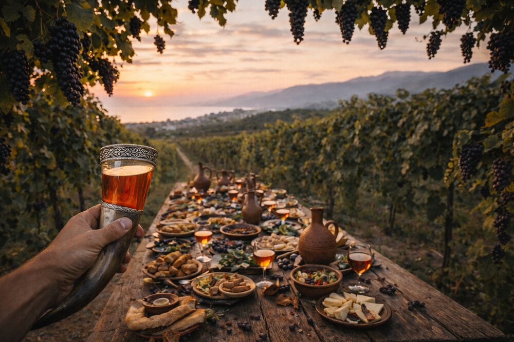 Abkhazian vineyard feast at golden hour with traditional drinking horn raised in toast