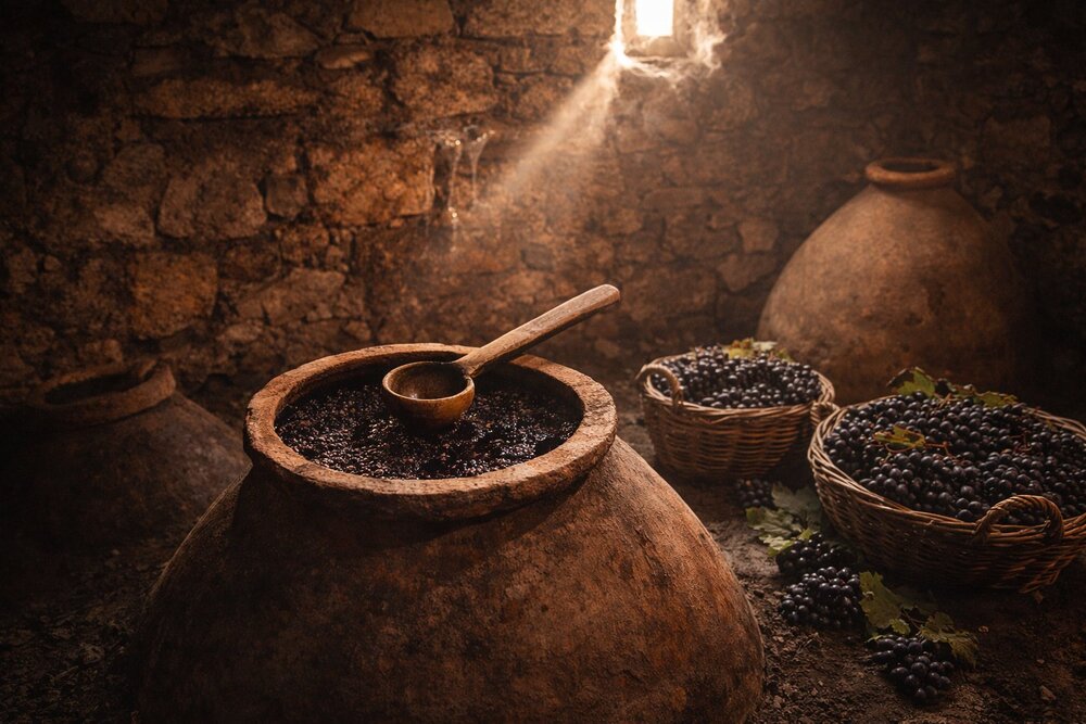 Traditional clay kvevri vessels for wine fermentation in stone cellar