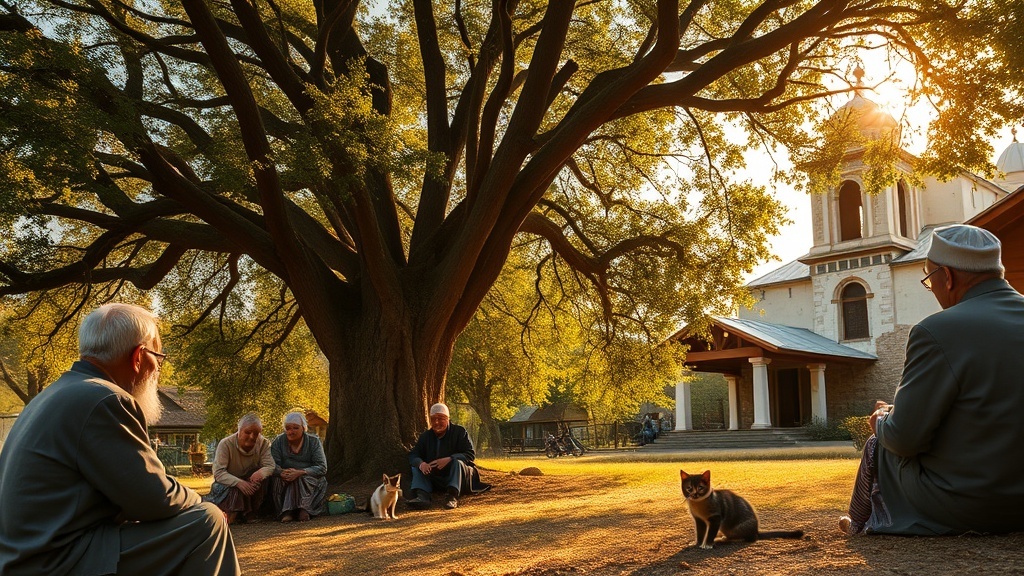Lykhny Village - ancient church with elders gathering under sacred linden tree