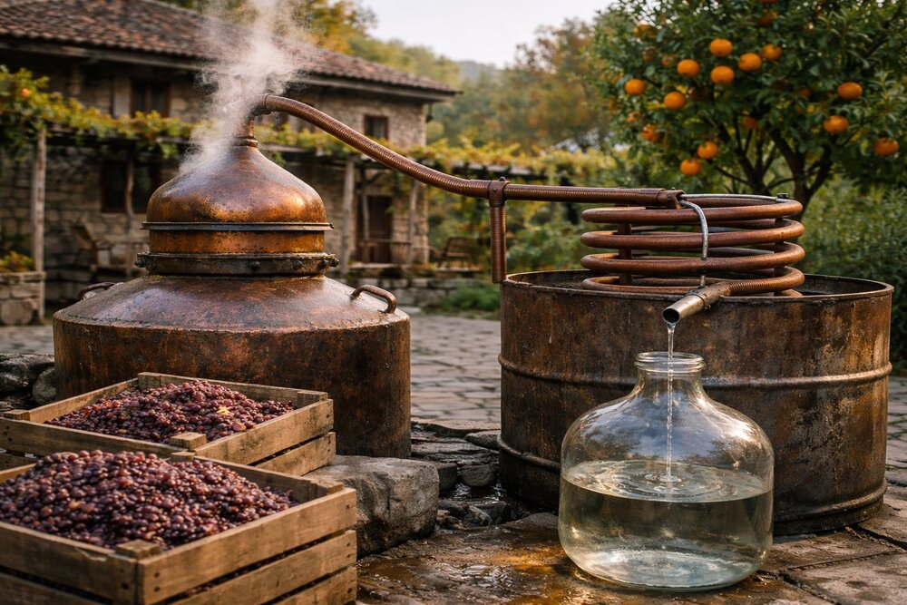 Traditional copper alembic still for chacha distillation in Abkhazian courtyard