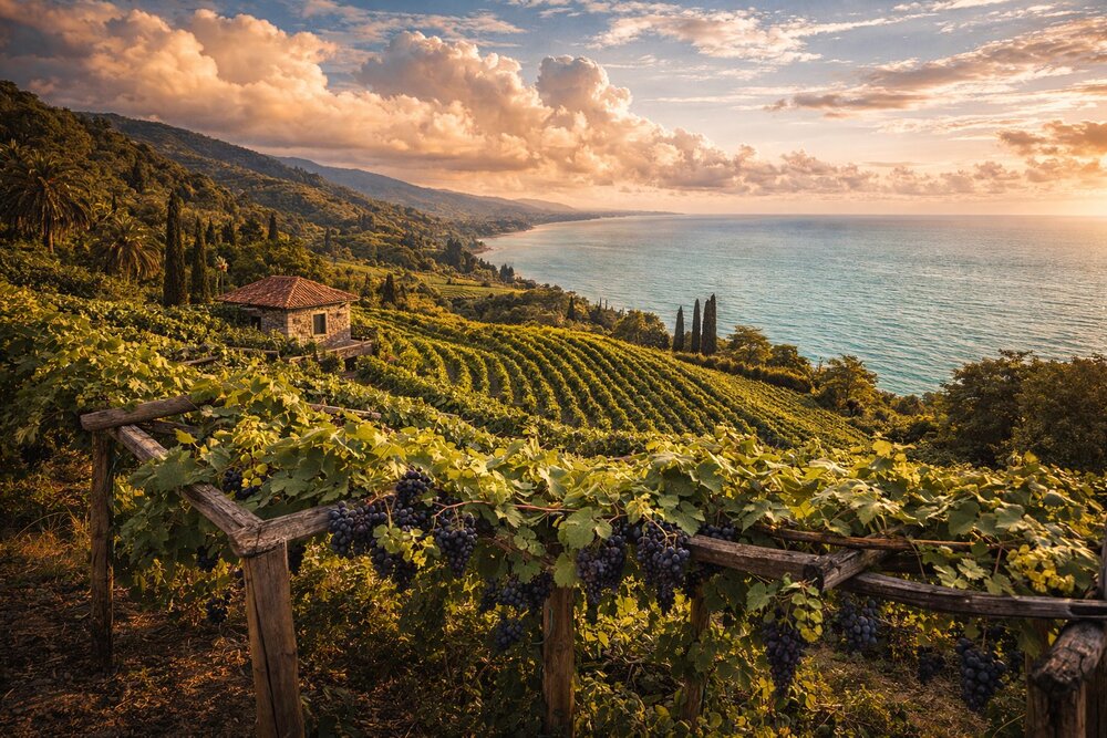 Abkhazian vineyards cascading down hillsides toward the turquoise Black Sea