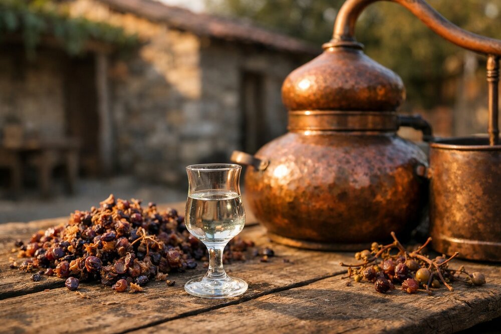 Abkhazian chacha — traditional grape pomace brandy with copper alembic still
