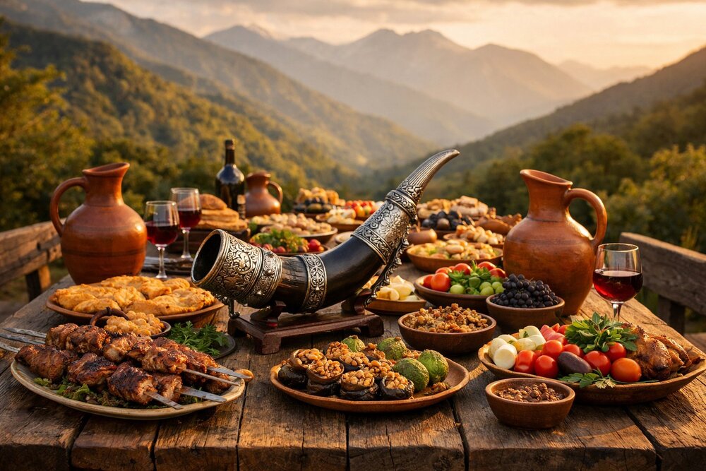 Traditional Abkhazian feast (amkhadzyr) with ceremonial drinking horn and Caucasus mountains