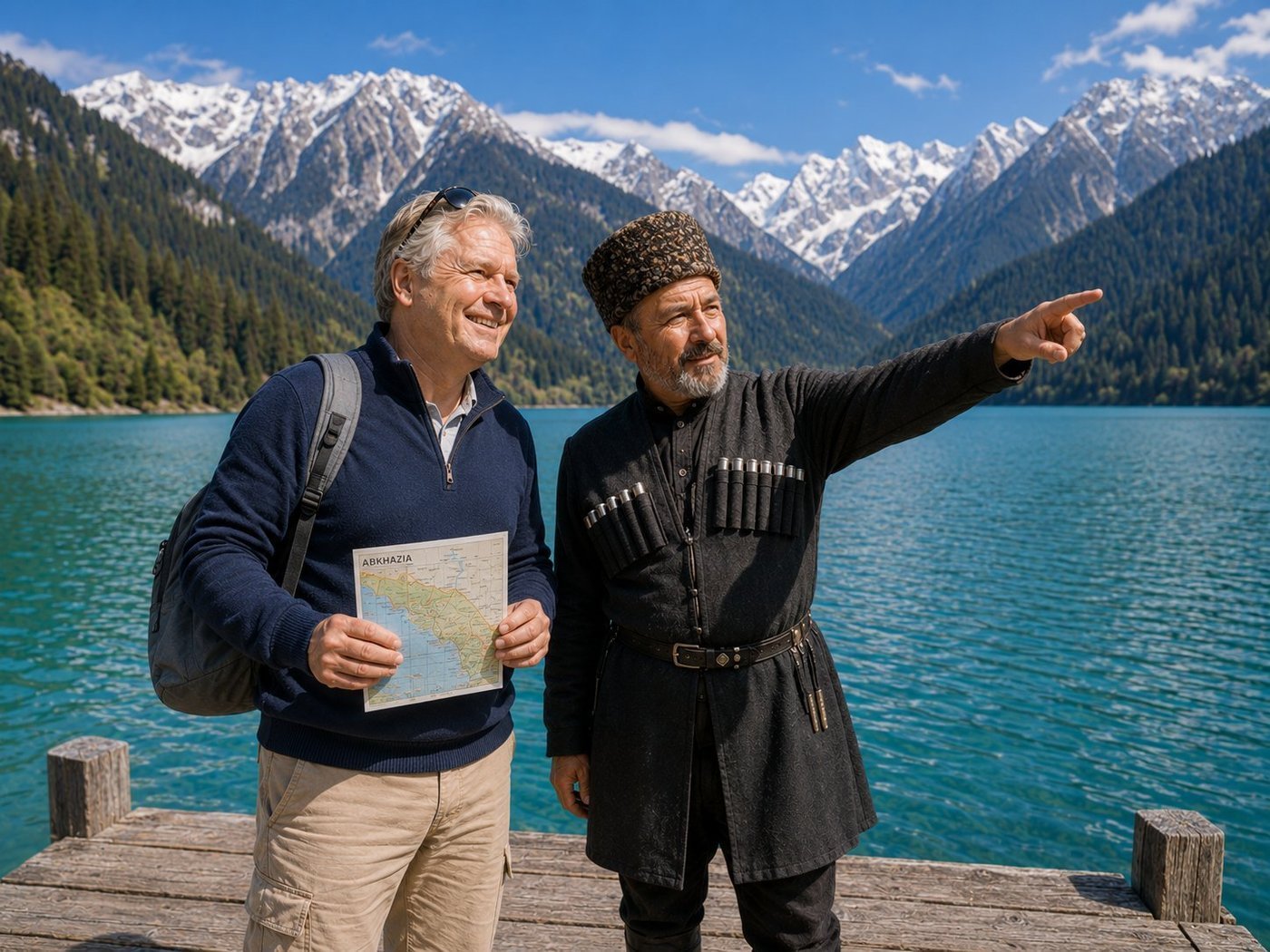 Radim Kaufmann at Lake Ritsa with a local Abkhaz guide in traditional cherkesska coat with silver-tipped gazyr cartridge tubes, the guide pointing across the turquoise glacial water toward the snow-capped Caucasus peaks