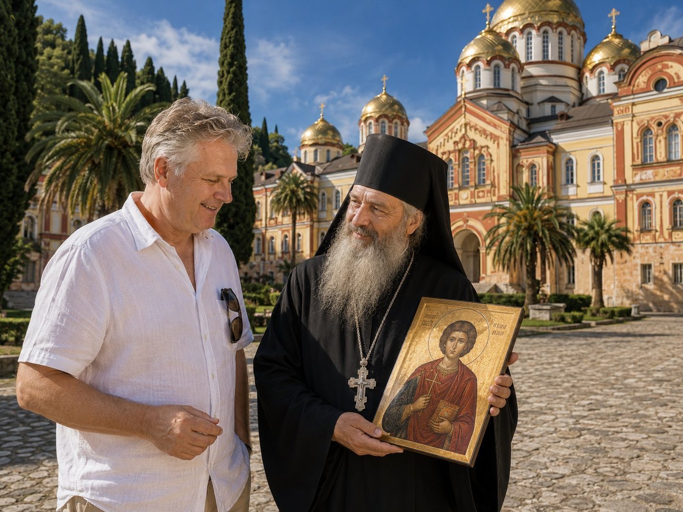 Radim Kaufmann at the New Athos Monastery (Novy Afon) in Abkhazia with a Russian Orthodox monk in black riassa and kalimavkion holding a hand-painted golden icon of Saint Panteleimon, the neo-Byzantine monastery with its golden onion-domed cathedral and ochre painted walls rising behind them, palm trees and cypresses in the courtyard