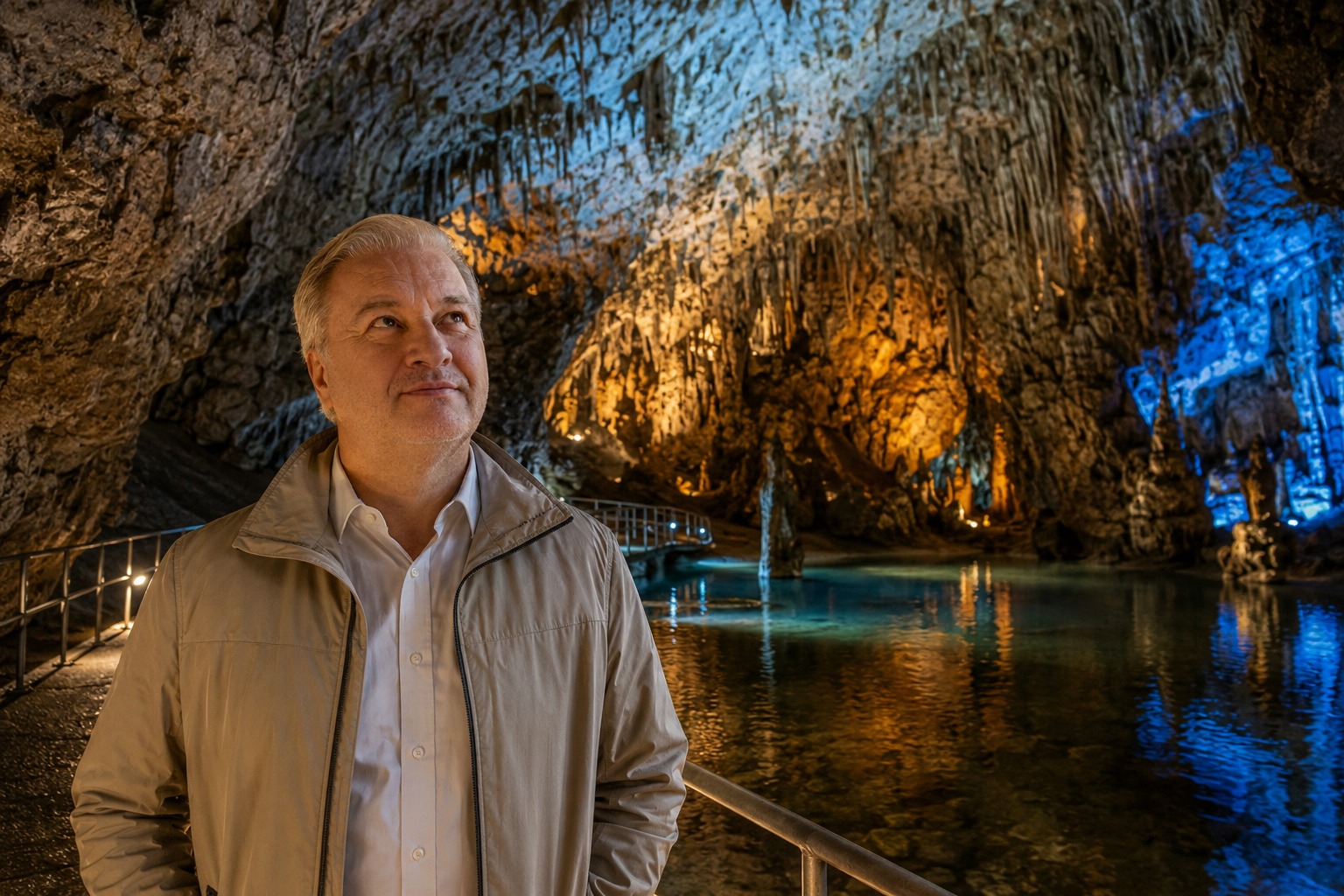 Radim Kaufmann standing on a lit walkway inside the vast Novoafonskaya Cave near New Athos, looking up in wonder at illuminated stalactites glowing amber and blue, an underground lake reflecting the colored lights beside him