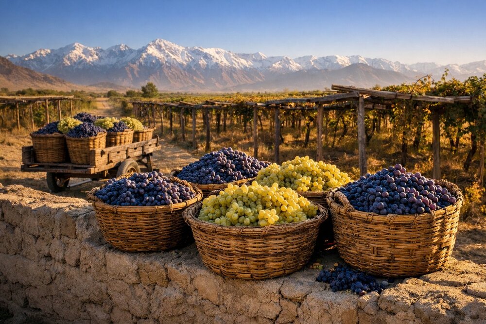 Grape harvest in the Shomali Plain with Hindu Kush mountains
