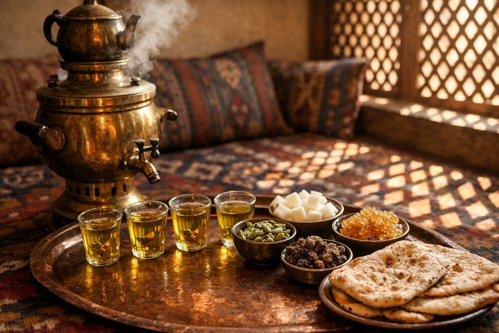 Afghan chai service with brass samovar and estekaan glasses