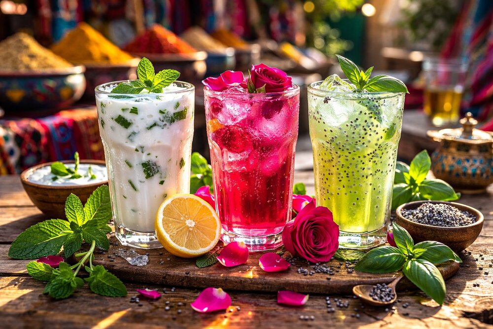 Doogh, sharbat-e-gul and sharbat-e-rayhan drinks