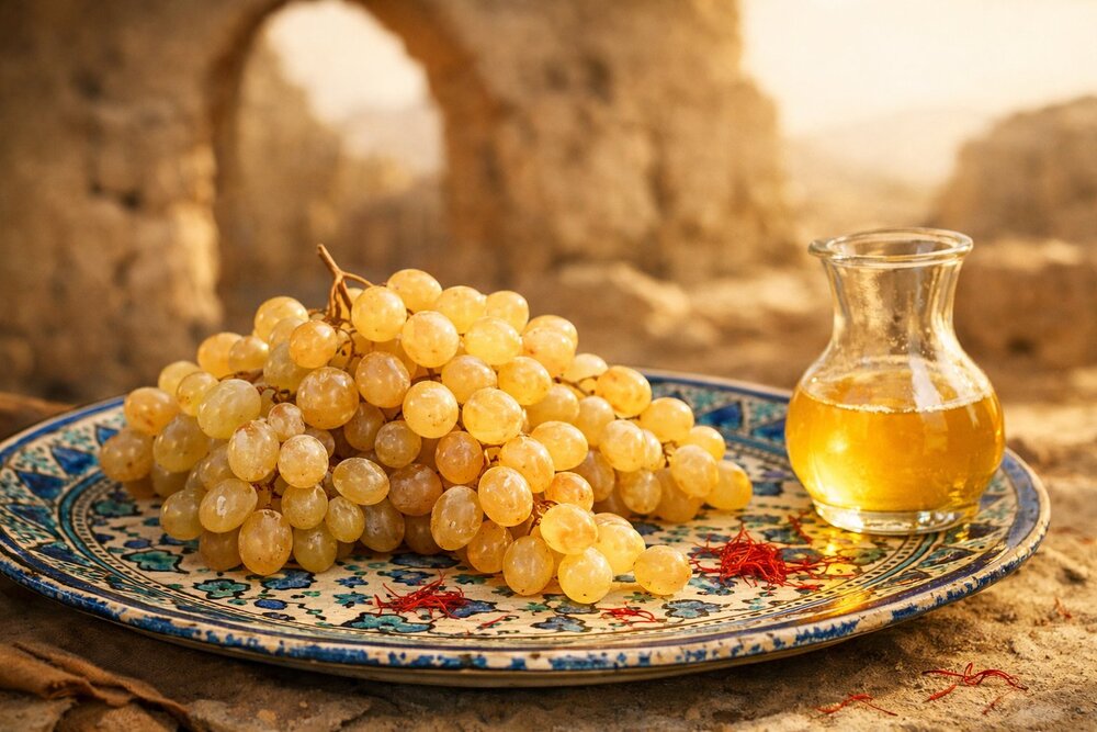 Abjosh golden grapes on Herati ceramic plate with saffron and grape juice