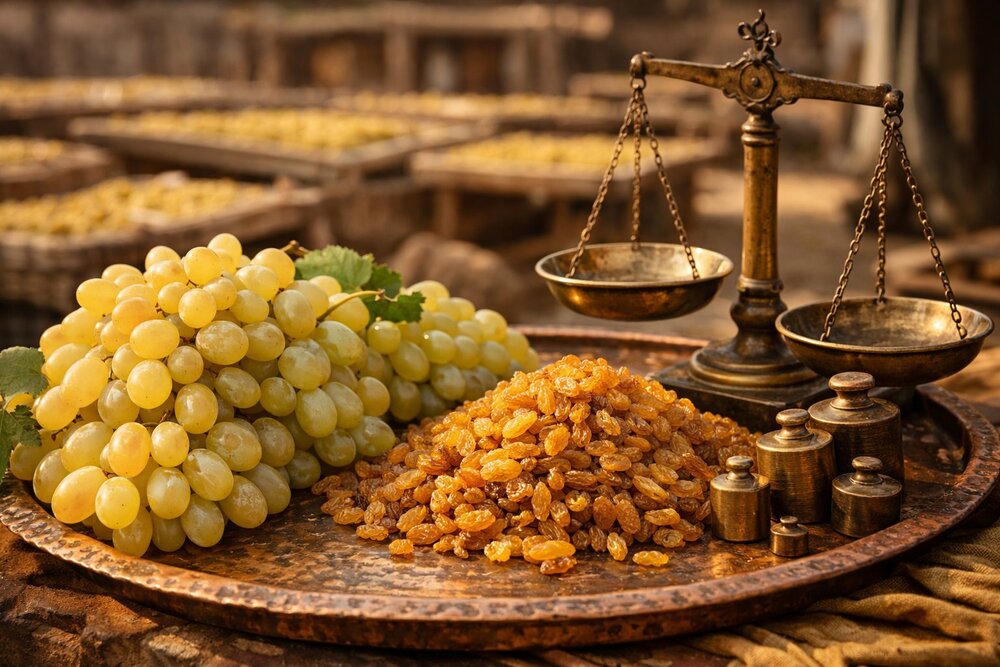 Kishmishi golden grapes and raisins on copper tray with brass scale