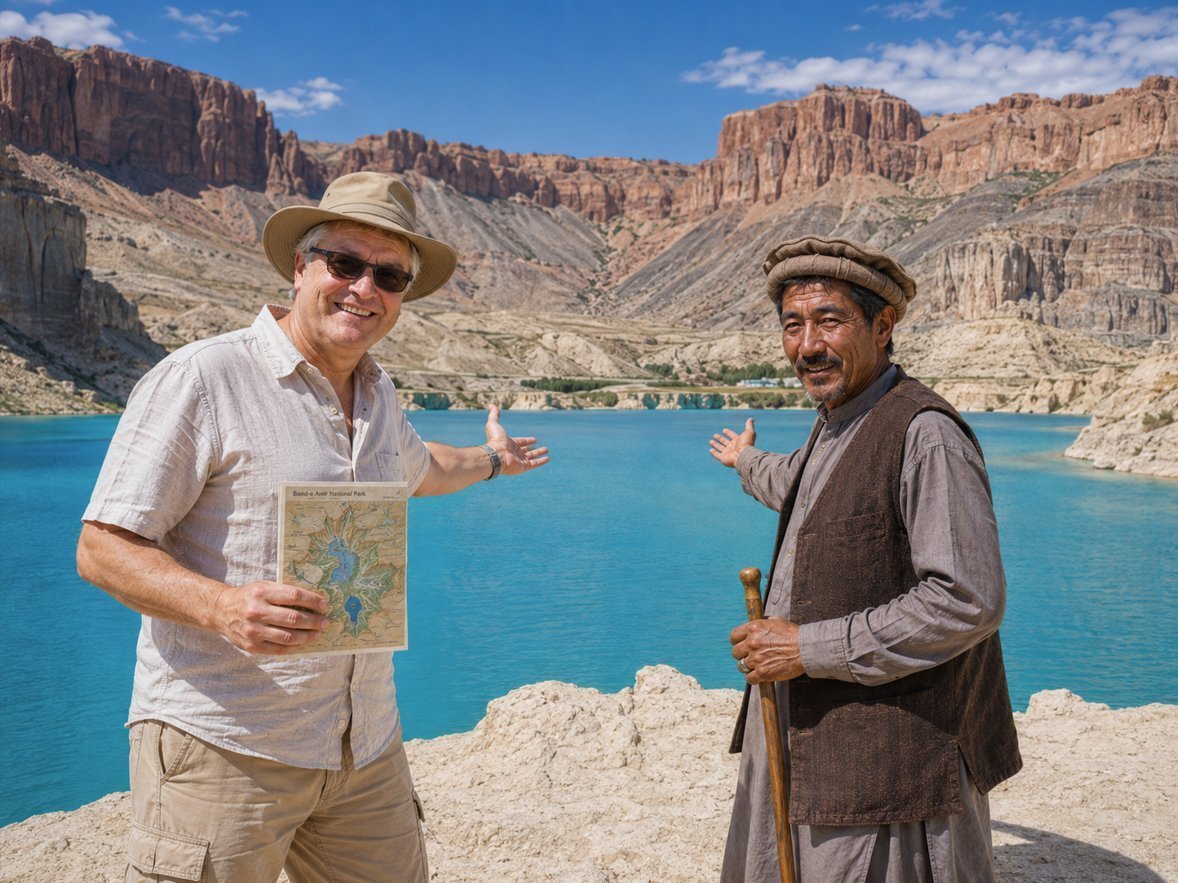Radim Kaufmann at Band-e Amir National Park in Bamyan Province, Afghanistan, with a Hazara guide in pakol cap and wool waistcoat holding a wooden walking staff, the turquoise glacial lake water and Hindu Kush travertine cliffs behind, holding a Band-e Amir National Park map