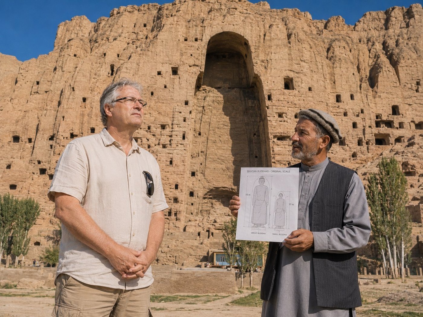 Radim Kaufmann at the empty niche of the Great Buddha of Bamyan in Afghanistan, with a Hazara cultural guide in pakol cap holding a printed diagram showing the original 55m and 37m Buddha statues at scale, the immense empty trapezoidal niche carved into the honeycombed sandstone cliff dominating behind them, both standing in respectful contemplation