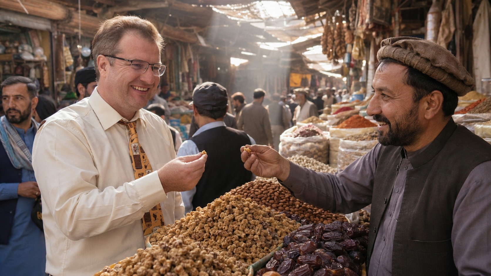 Radim Kaufmann tasting dried mulberries offered by a smiling Afghan shopkeeper in a pakol hat at a covered spice and dried-fruit bazaar in Kabul's old city, sacks of dates, almonds, and spices piled around them, shafts of light through the bazaar roof