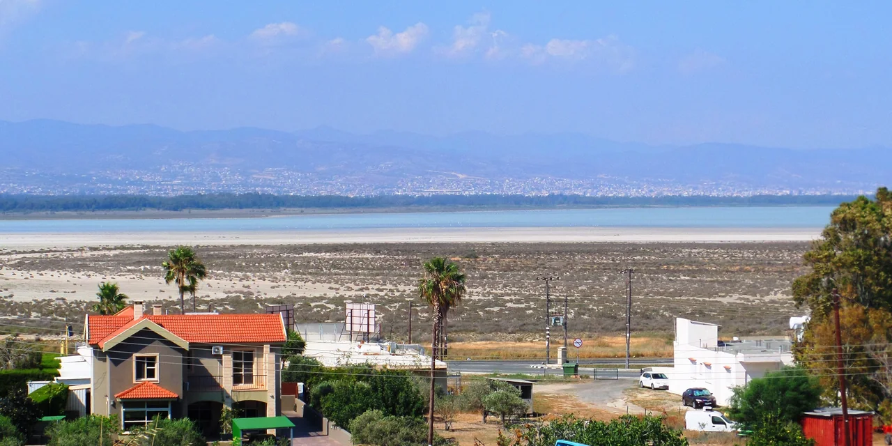 A daytime panorama of Akrotiri Salt Lake.