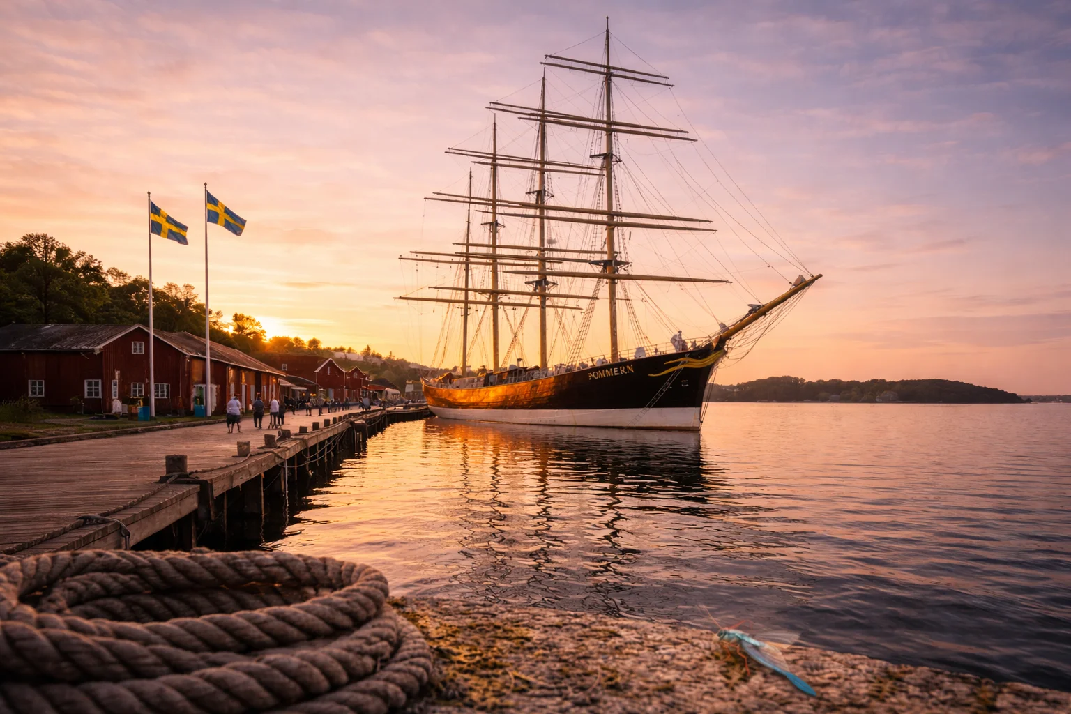 Åland Islands - Pommern ship in Mariehamn harbor at sunset