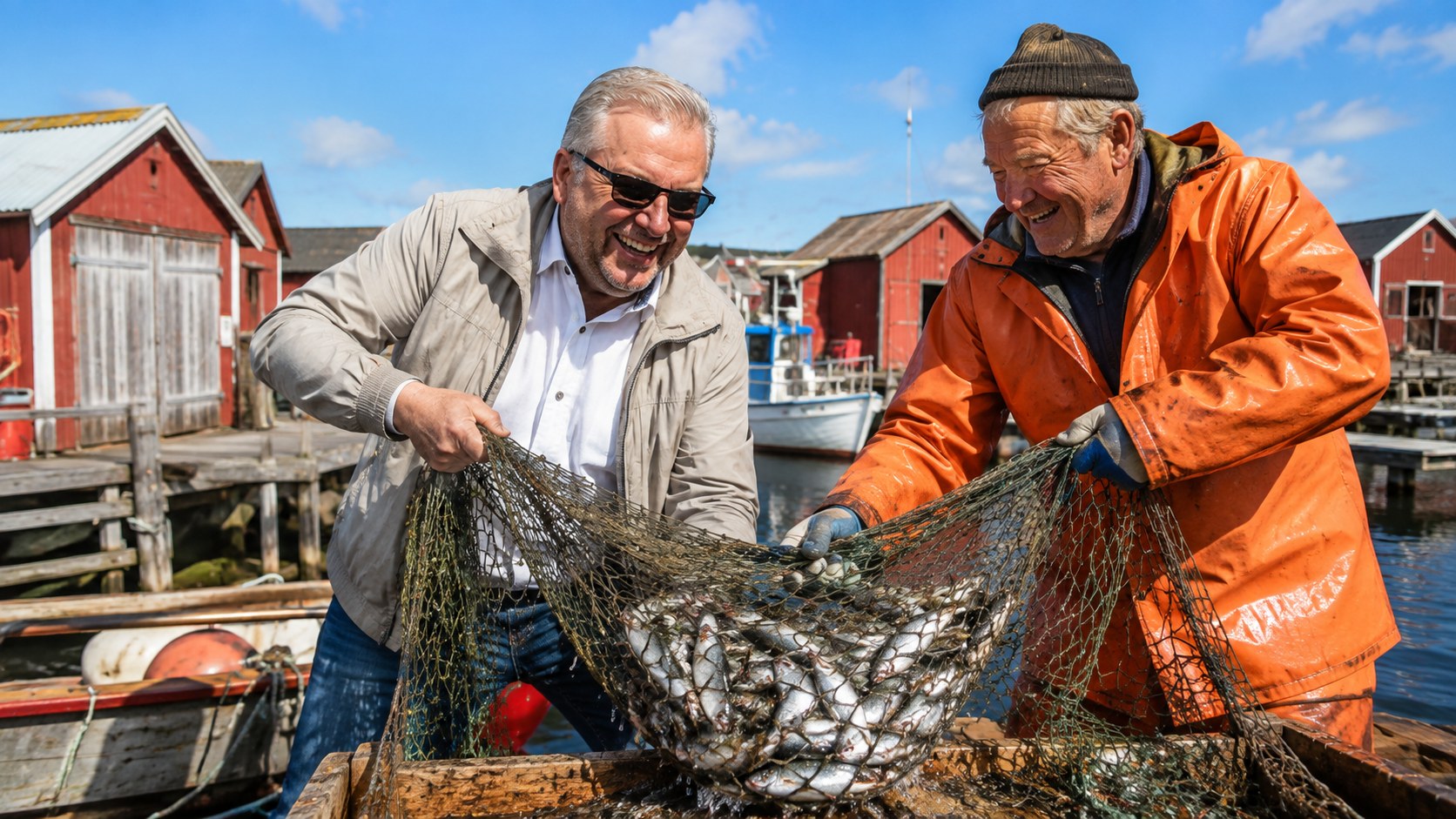 Radim Kaufmann hauling a herring net with a local fisherman