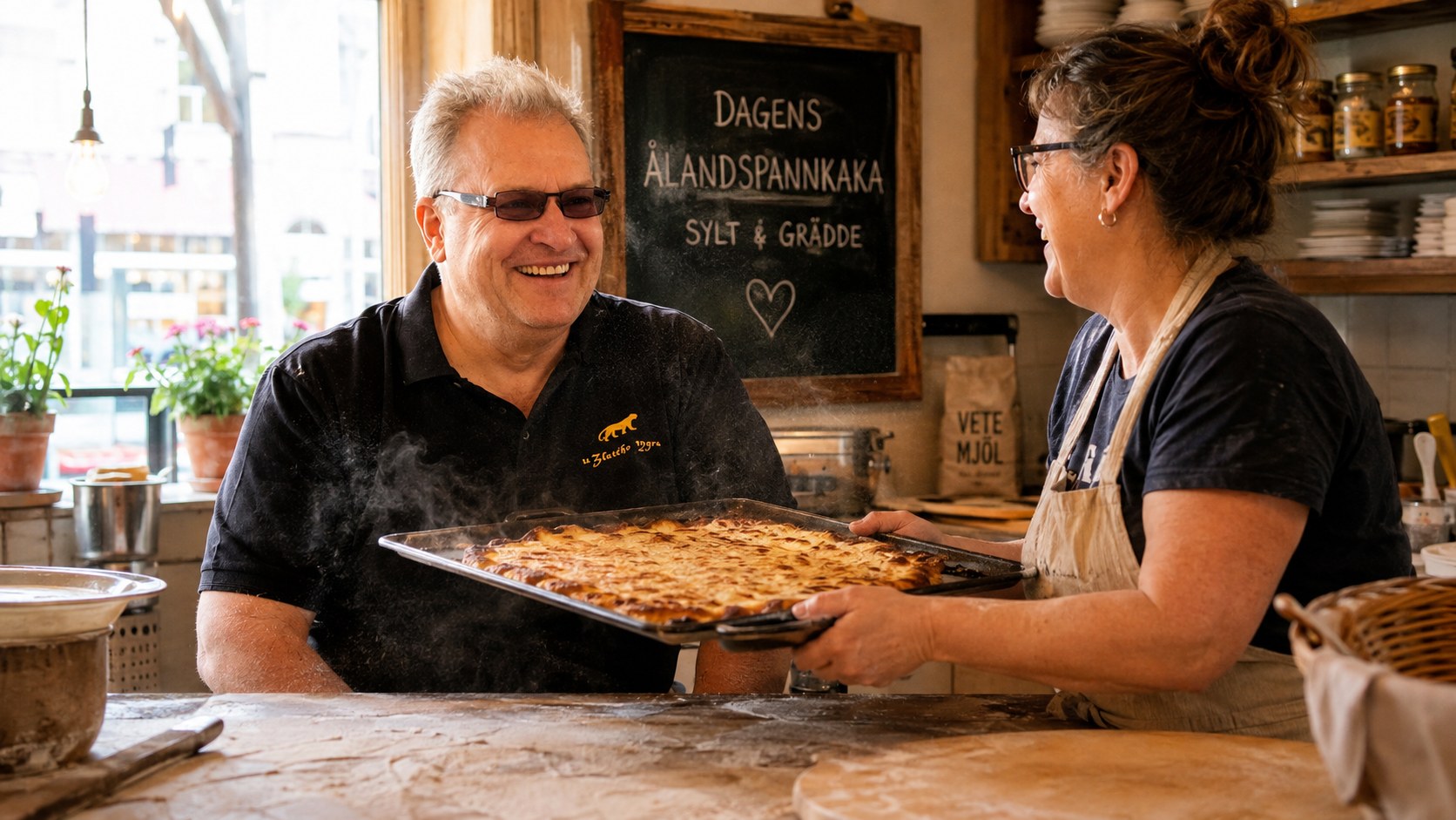 Radim Kaufmann receiving fresh Ålandspannkaka at a local bakery