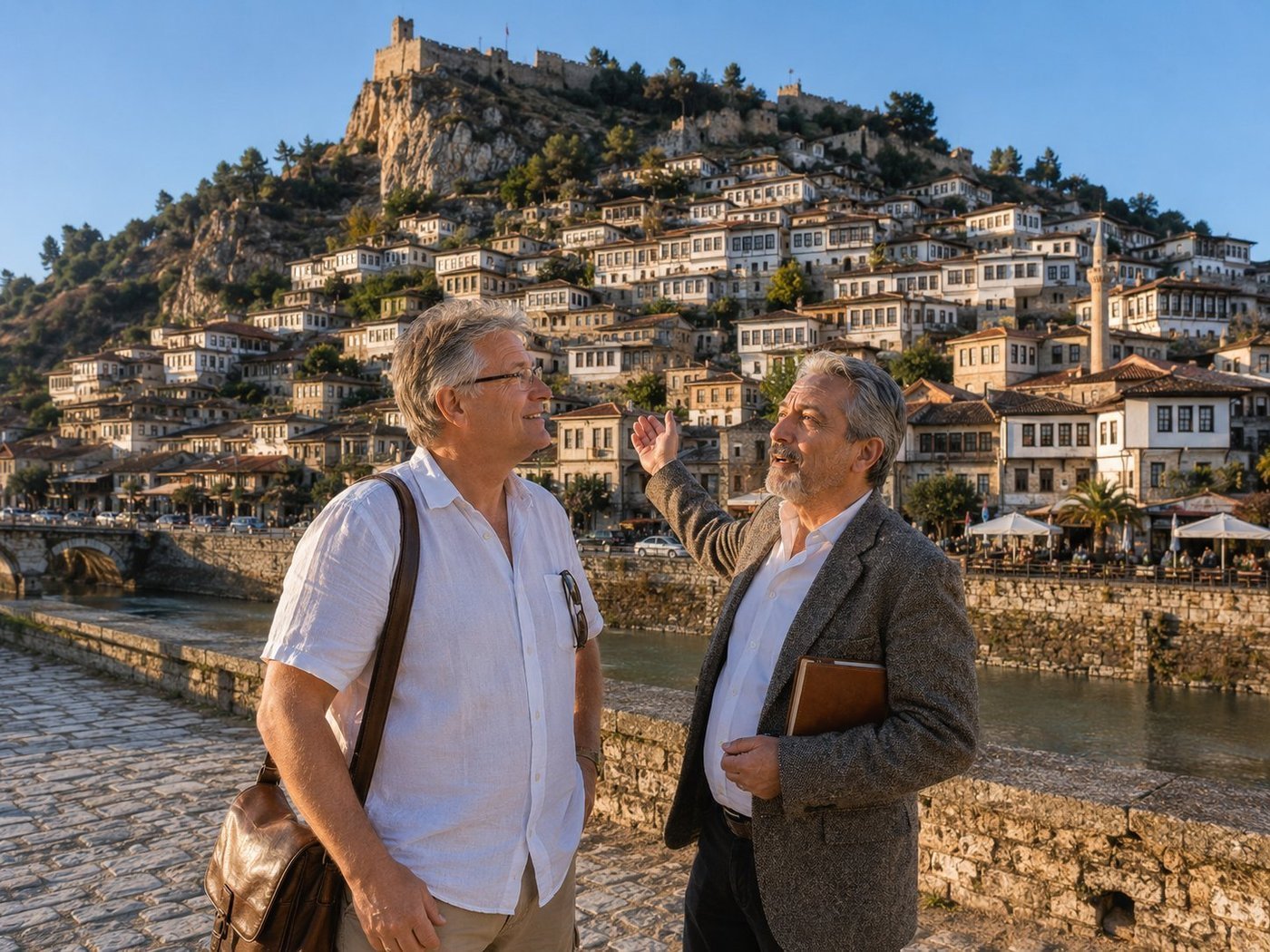 Radim Kaufmann in Berat, Albania, with a local Albanian historian gesturing toward the cascade of Ottoman-era white houses of the Mangalem quarter rising to Berat Castle on the hilltop, the Osum River and stone bridge with cafes below
