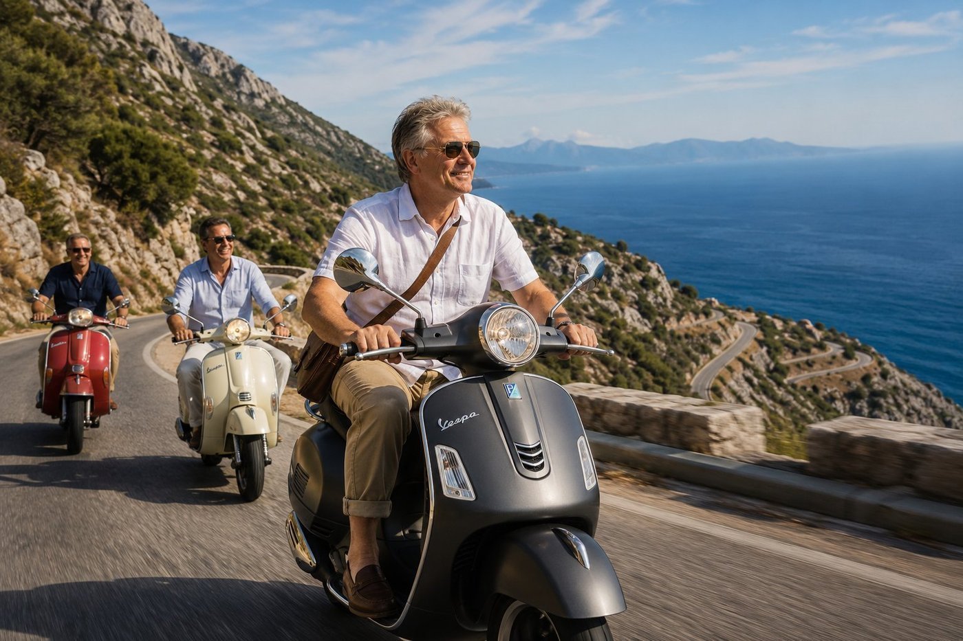 Radim Kaufmann riding a matte-charcoal Vespa GTS scooter along the cliffside hairpins of the Llogara Pass on SH8 with two Albanian friends behind on a vintage cream Vespa and red Lambretta, the Ionian Sea and distant Corfu on the horizon