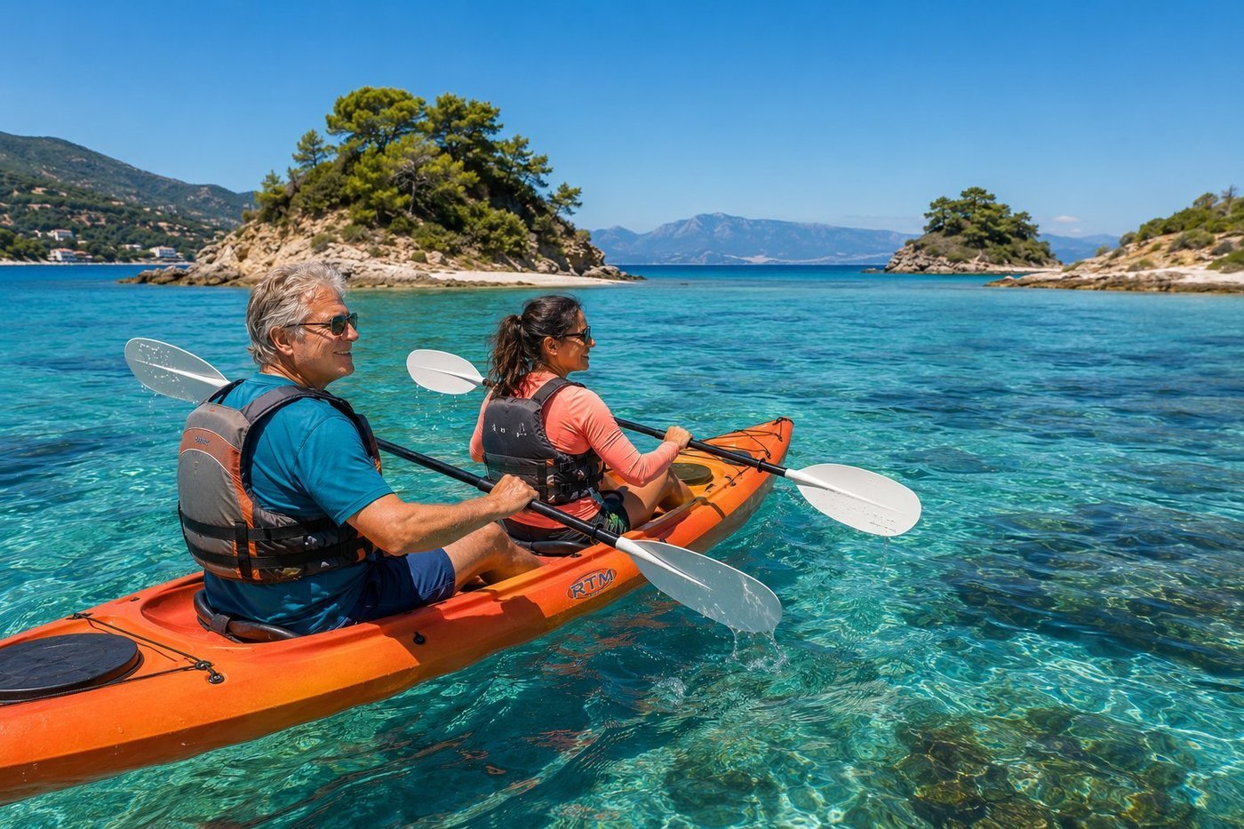 Radim Kaufmann paddling an orange tandem sea kayak through crystal turquoise water between the small uninhabited Ksamil Islands on the southern Albanian Riviera, with an Albanian female friend in a peach rash guard paddling in the front seat, Corfu visible on the horizon across the Vivari Channel