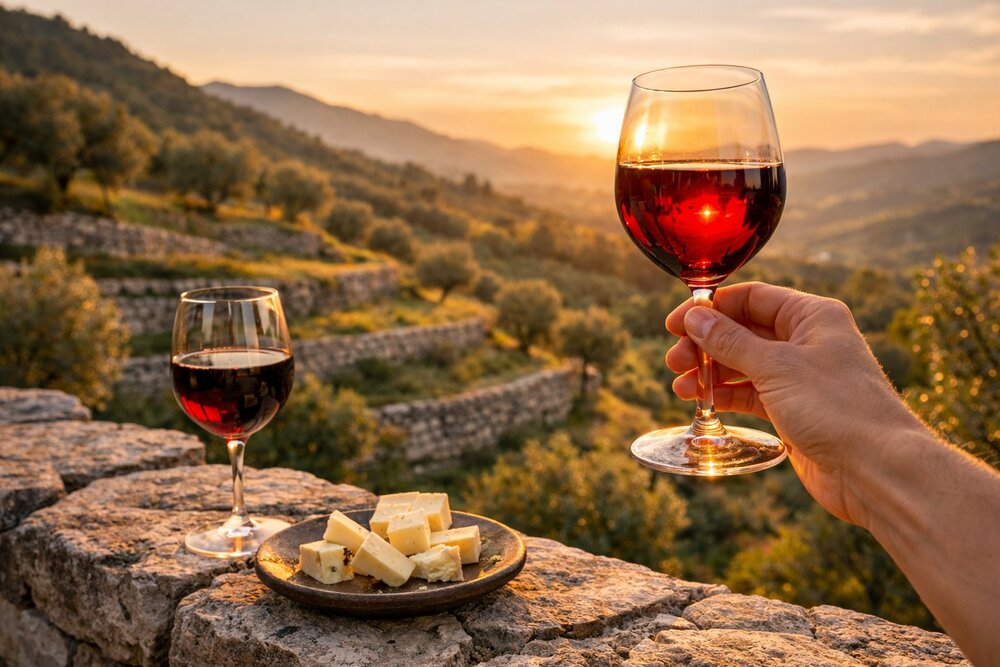 Shesh i Zi red wine with qofte