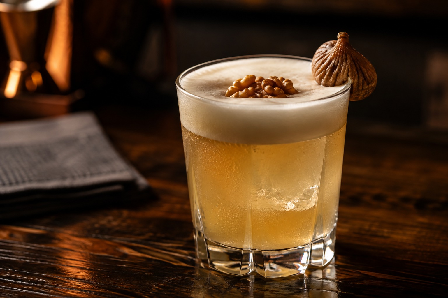 Tirana Sour cocktail, Albanian rakí sour with walnut and fig garnish