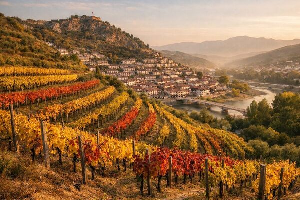 Albanian vineyard with Berat castle in background
