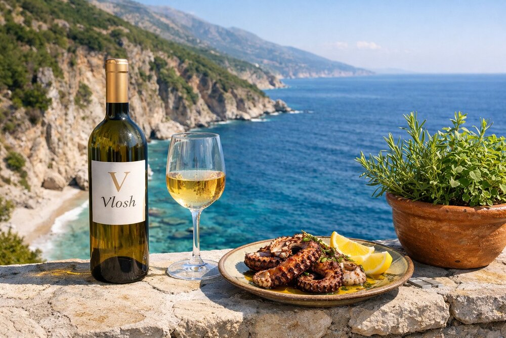 Vlosh white wine with grilled octopus on Albanian Riviera