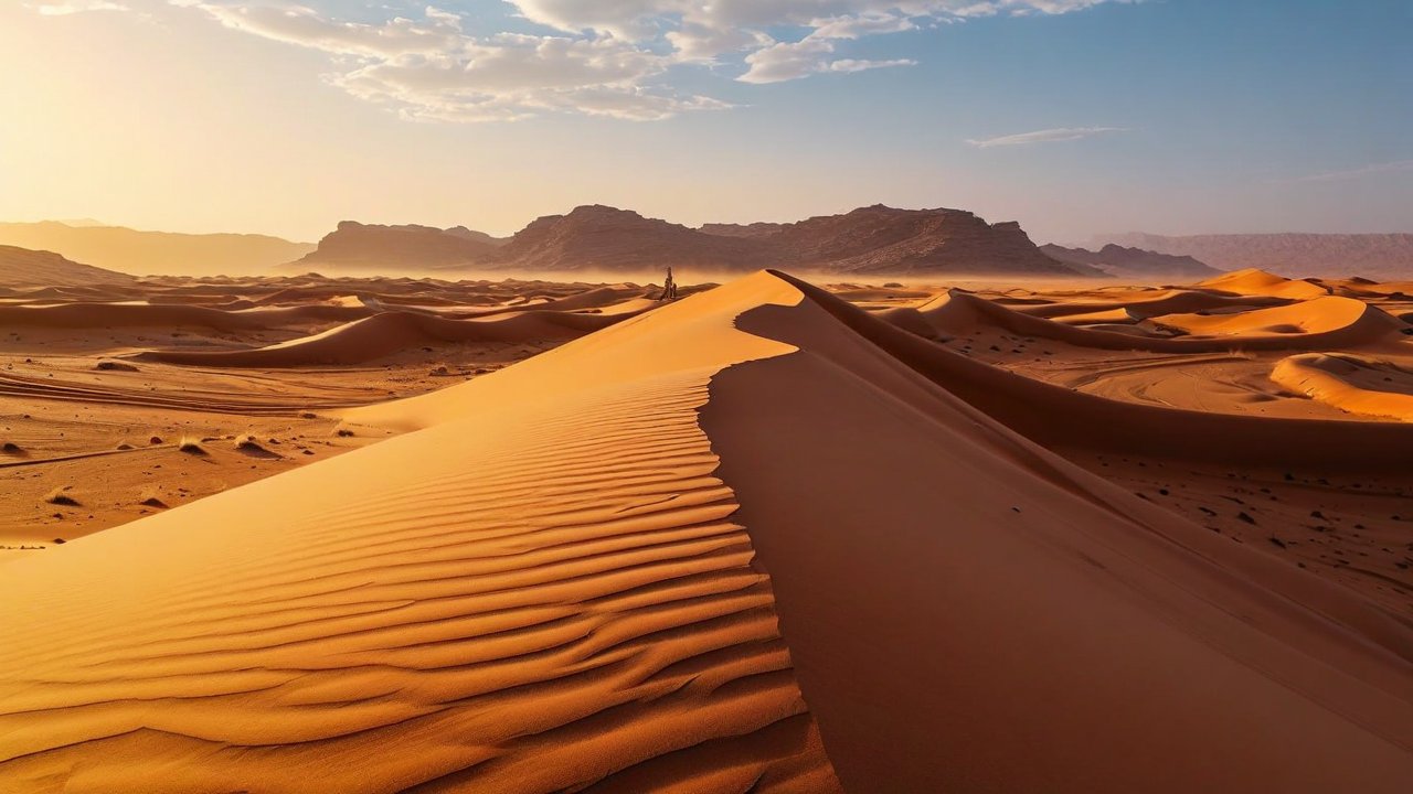 Camel caravan at sunset in the Sahara