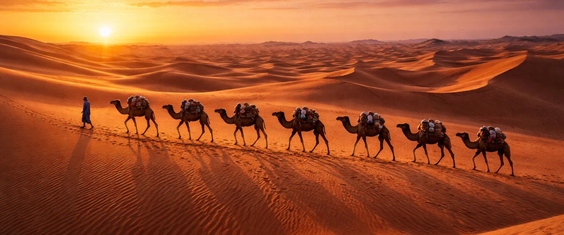 Camel caravan crossing dunes in the Algerian Sahara