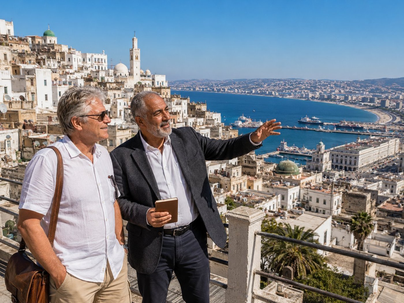 Radim Kaufmann on a viewpoint above the Casbah of Algiers with a local Algerian historian in charcoal blazer gesturing across the cascade of white Casbah houses and the curved Bay of Algiers below, French colonial buildings on the waterfront, the port and Mediterranean visible