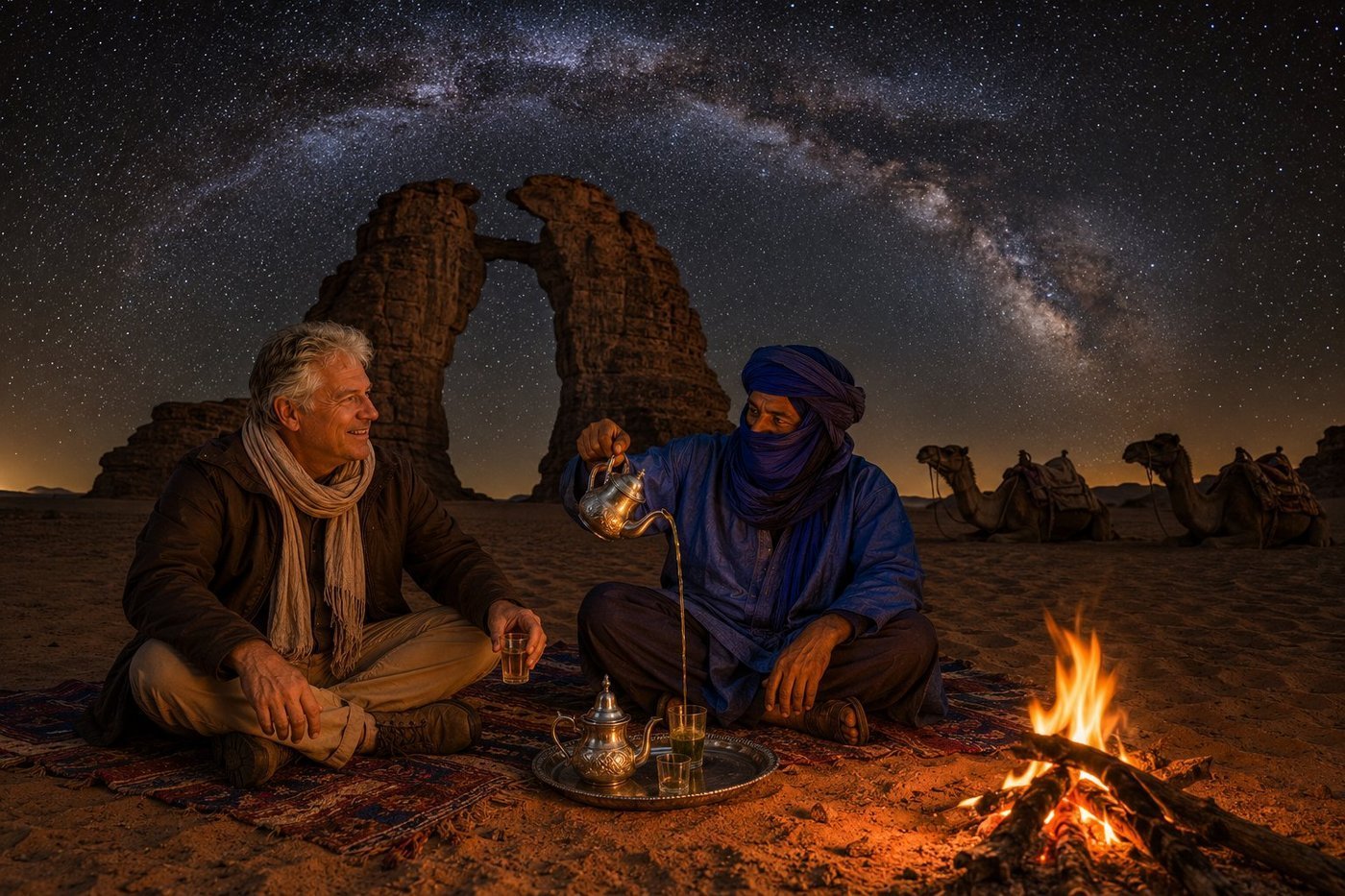 Radim Kaufmann at a campfire on the Tassili n'Ajjer plateau in the Algerian Sahara, with a Tuareg guide in indigo blue tagelmust turban pouring traditional mint tea from height into small glass cups, ornate silver three-piece Tuareg tea set on a woven Berber rug, twin sandstone wind-carved rock arches behind, two camels silhouetted against the desert horizon, the Milky Way arching across the night sky overhead