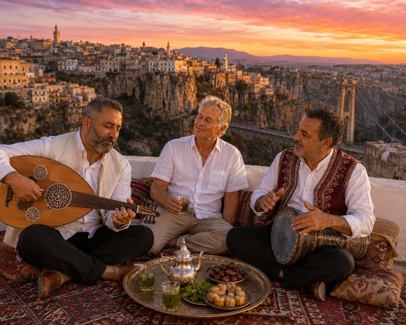 Radim Kaufmann at sunset on a rooftop terrace in the old medina of Constantine, Algeria, with two local Algerian musicians playing oud and darbuka in the Andalusian malouf classical tradition, a copper tea tray with silver teapot and makroud pastries before them, the iconic Sidi M'Cid suspension bridge spanning the 200-metre Rhumel Gorge behind, the rock-perched honey-coloured old city glowing in the sunset